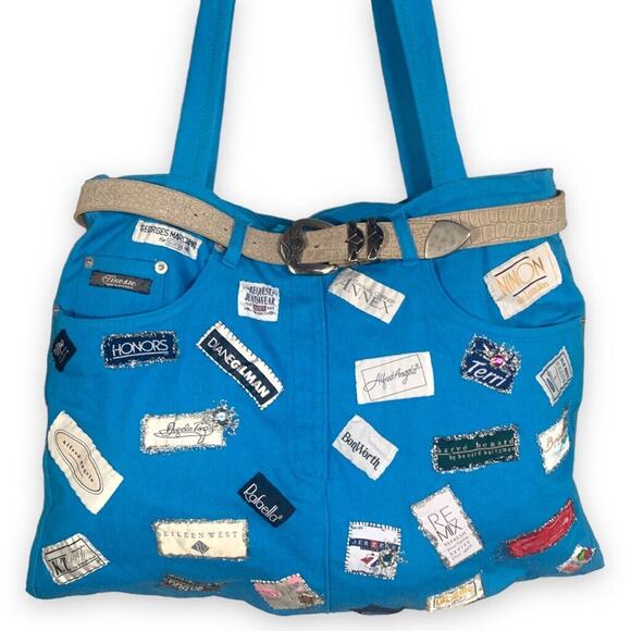 Upcycled Maxi Tote Bag Vintage Blue Jeans Logos Belt Detail OOAK Handmade Purse - Picture 5 of 15